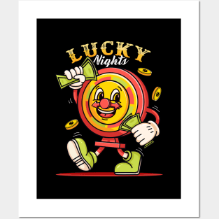 Lucky night. Gambling machine mascot character carrying money Posters and Art